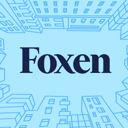 Foxen logo on blue background with buildings